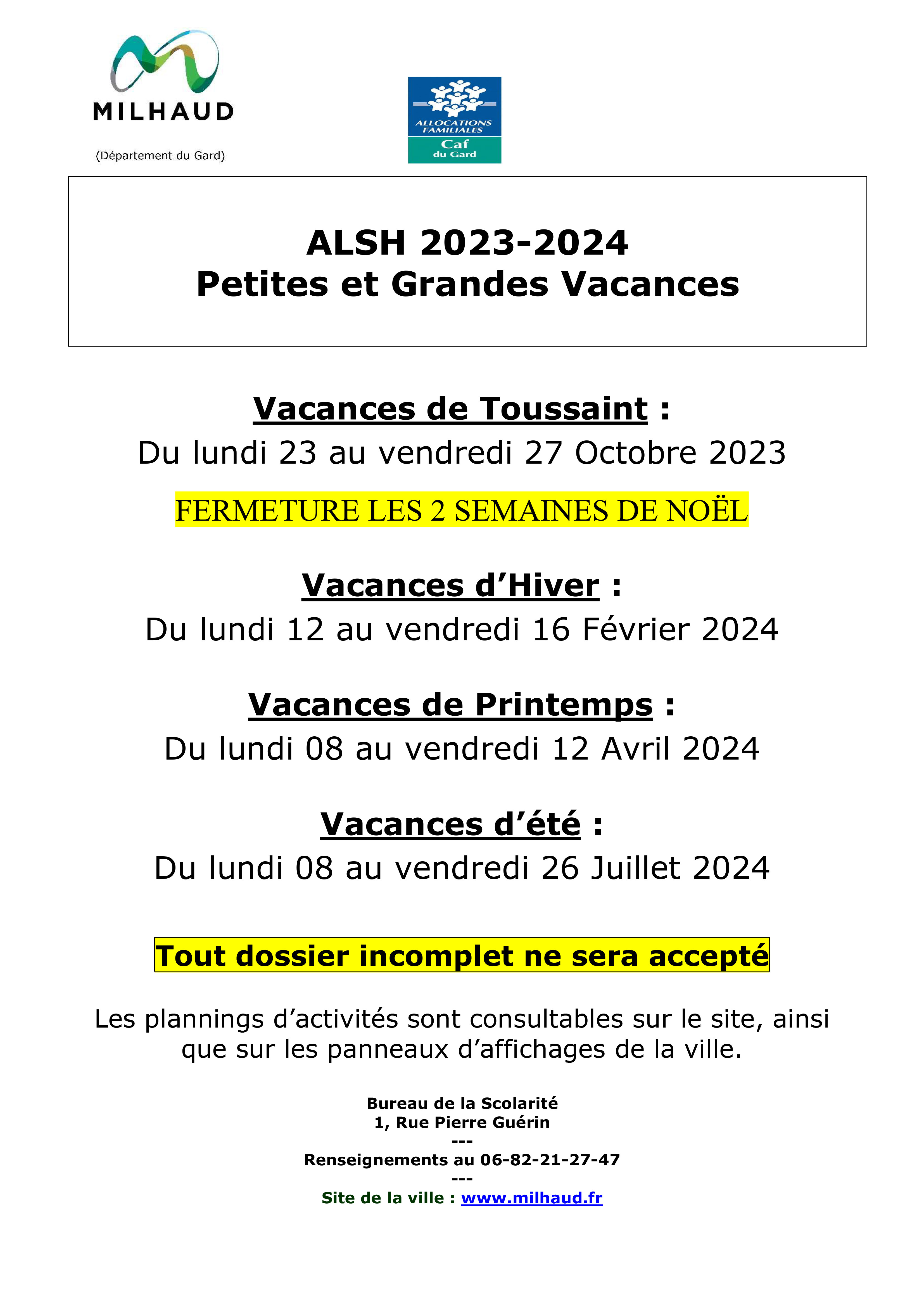 ALSH PLANNING VACANCES 2023 2024