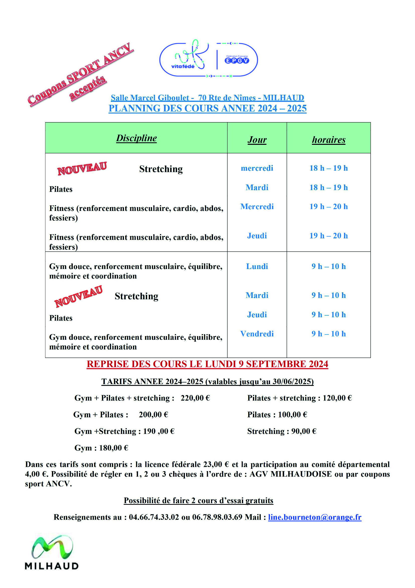 GV PLANNING HORAIRES 2024 2025