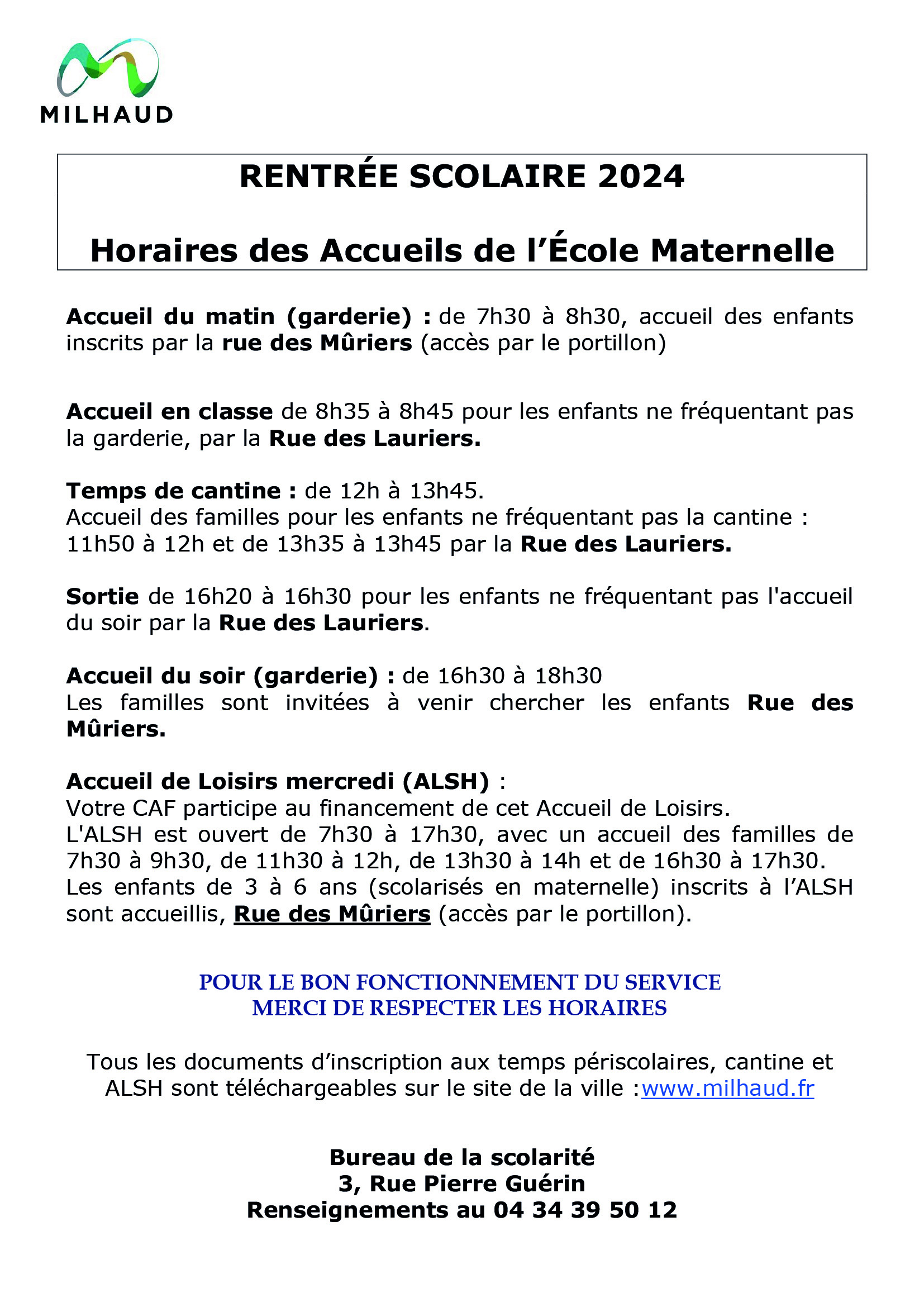 2024 HORAIRES RENTREE EM 29 08 2024