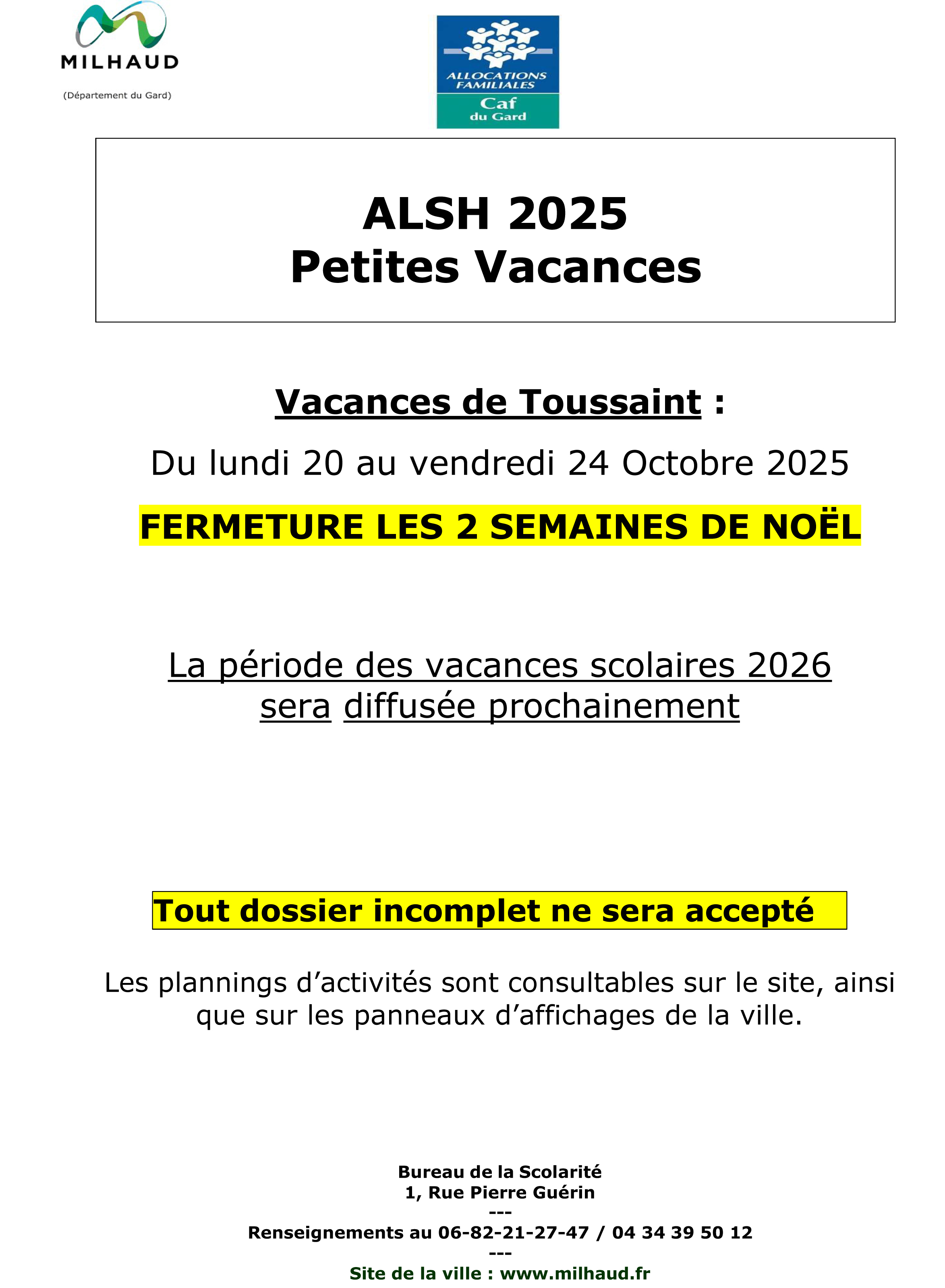 AFF ALSH VACANCES TOUSSAINT 2025