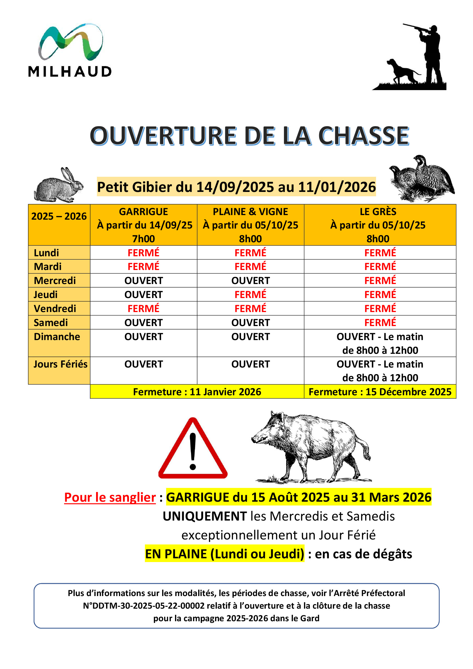 CHASSE OUVERTURE JOURS MILHAUD 2025 2026