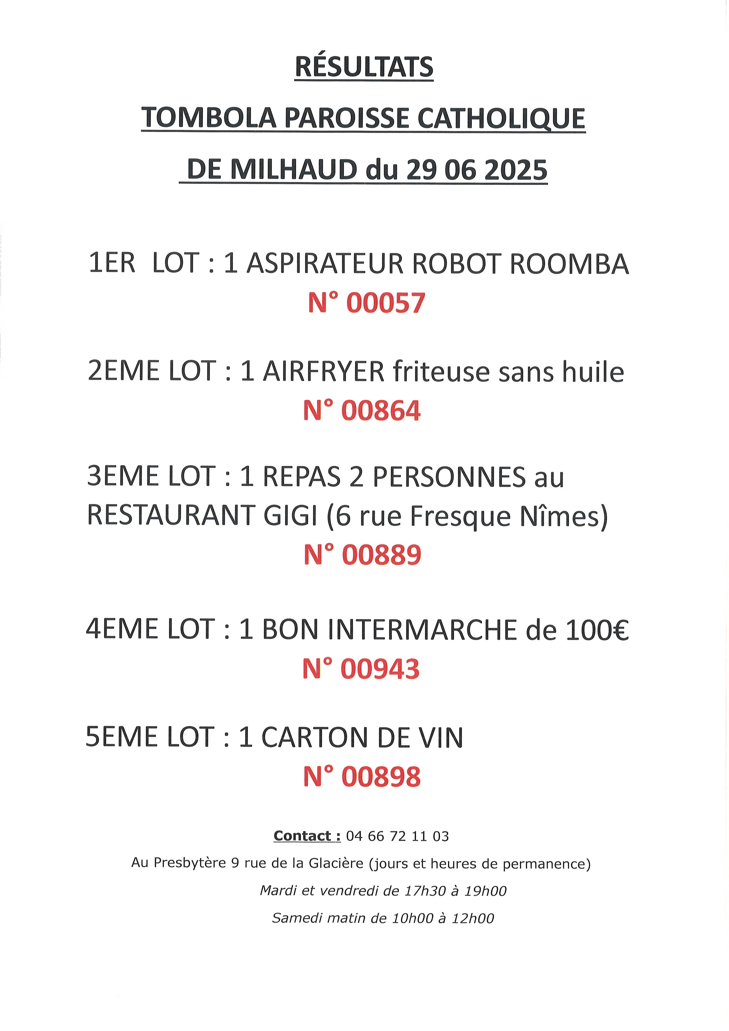 KERMESSE RESULTATS TOMBOLA