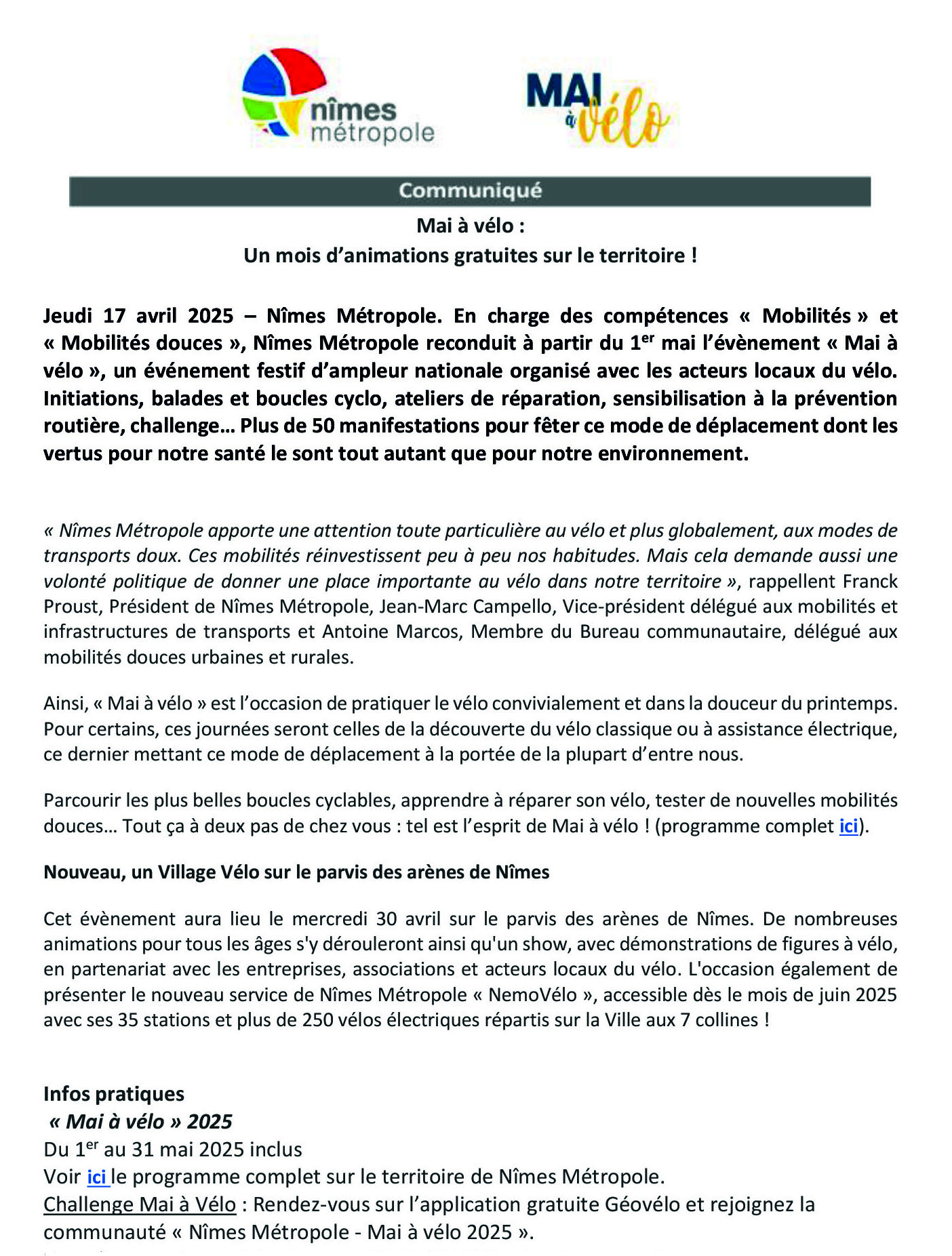 NM MAI A VELO 2025 COMMUNIQUE