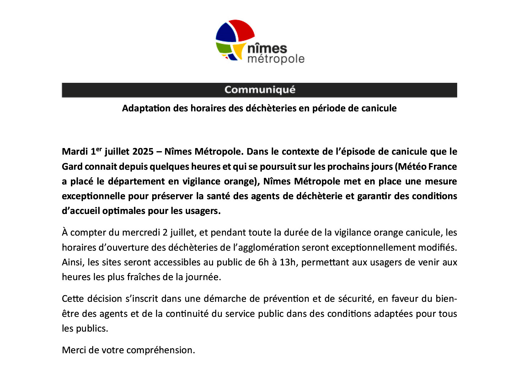 AFF HORAIRE DECHETERIES PERIODE CANICULE 01 07 2025